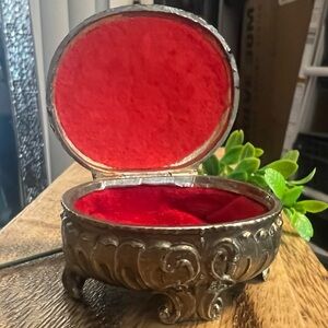 Antique Footed Vintage Bronze Jewelry Casket Red Velvet Lined Gold Trinket Box